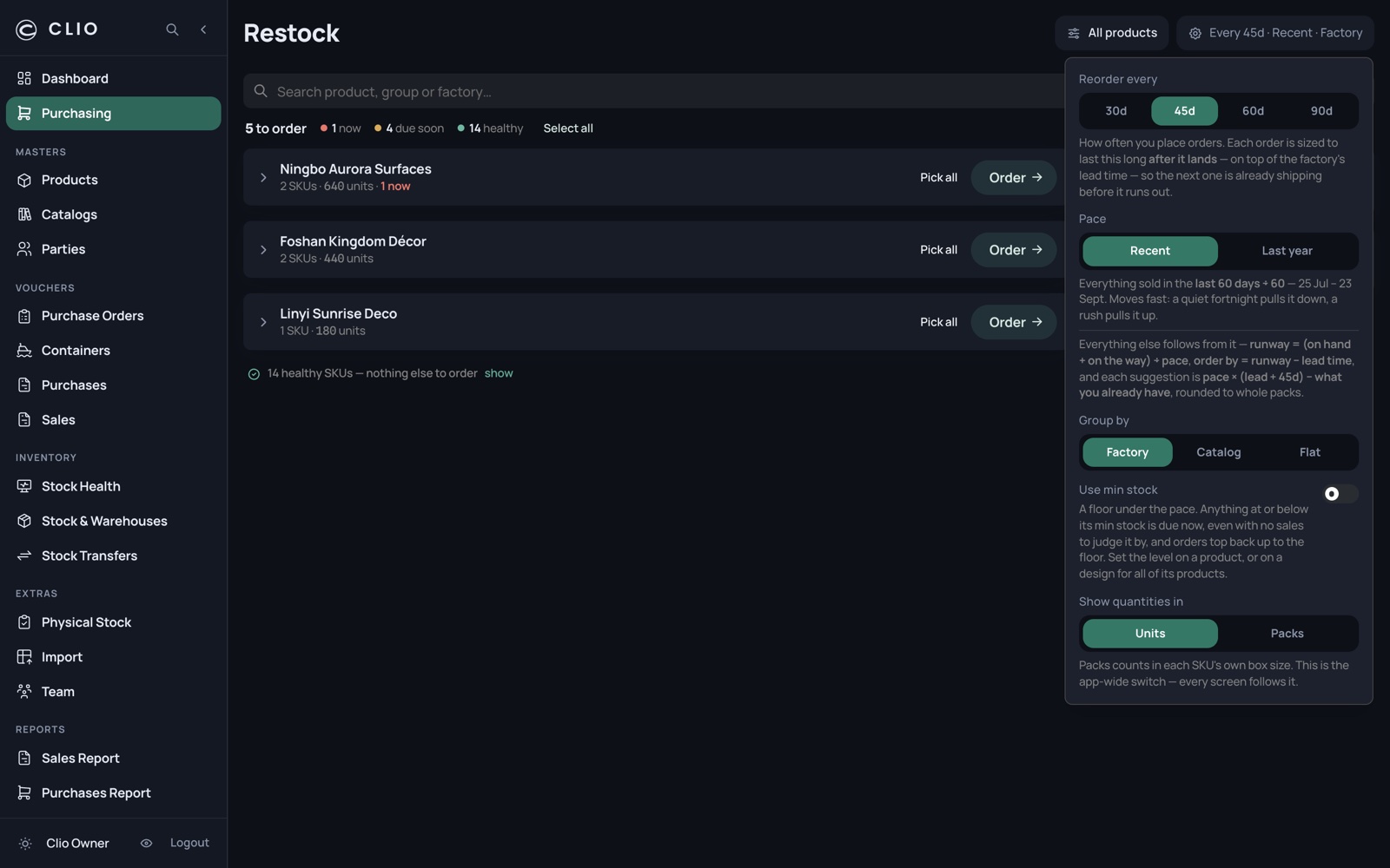 Planning settings — desktop, dark