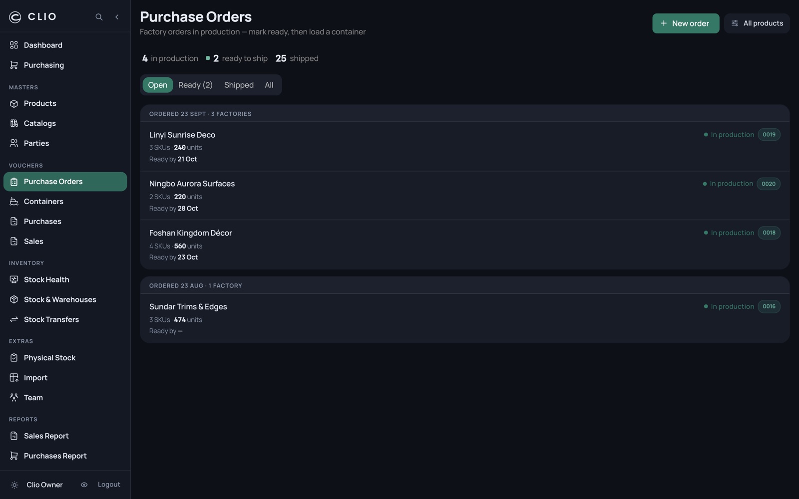 Purchase Orders — desktop, dark