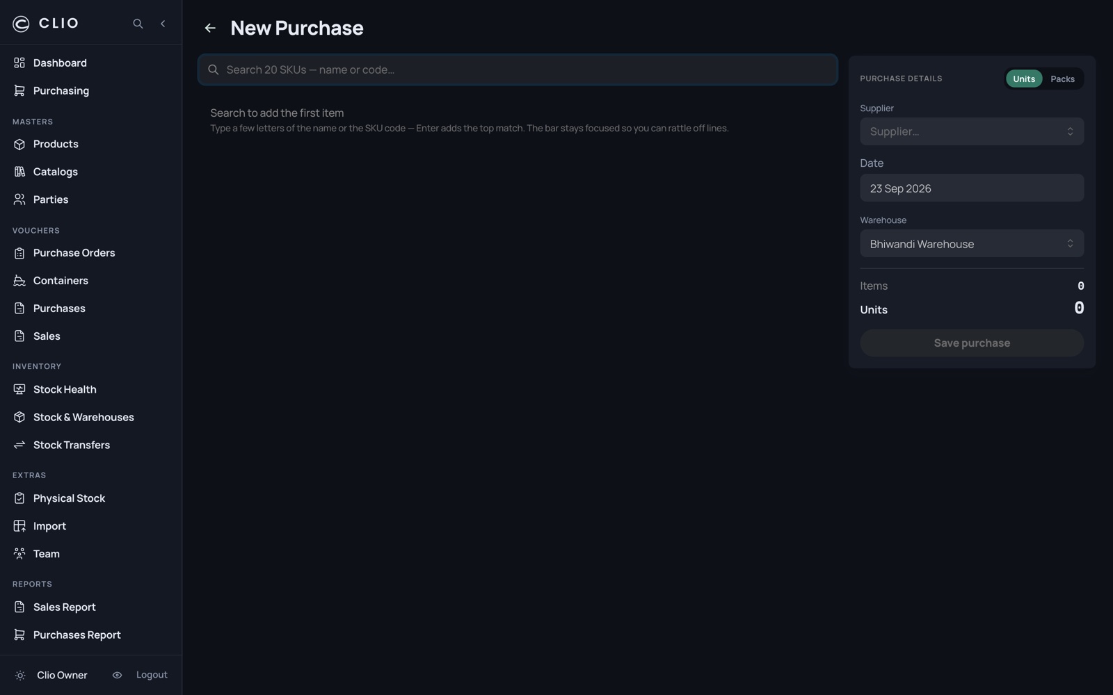 Entering a purchase — desktop, dark