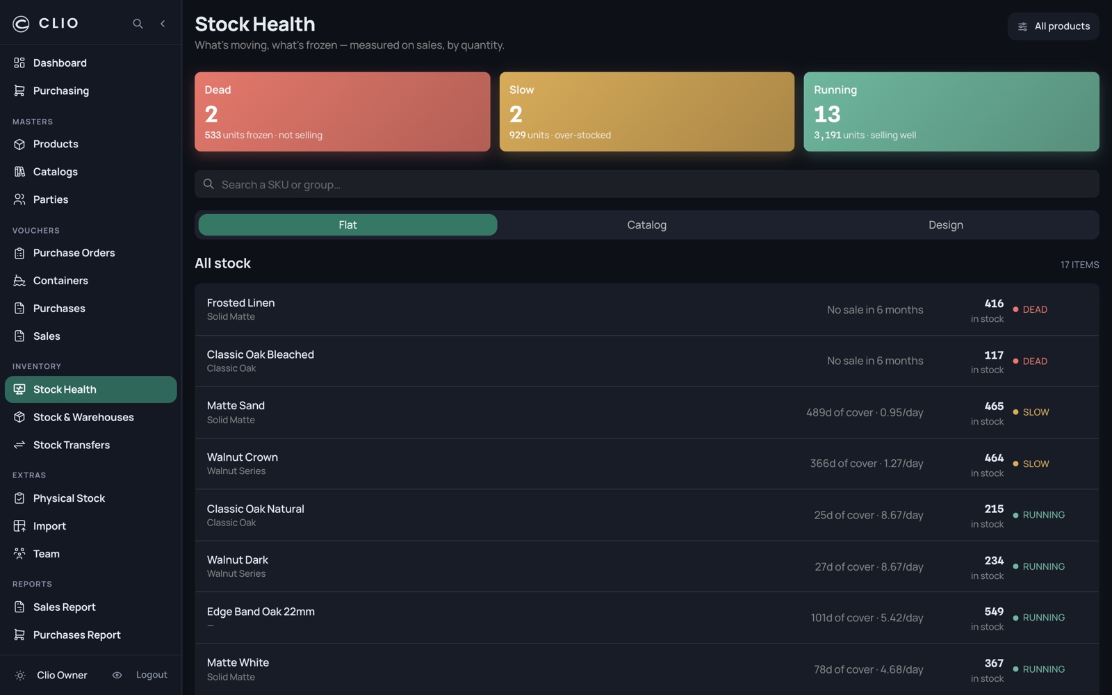 Stock Health — desktop, dark