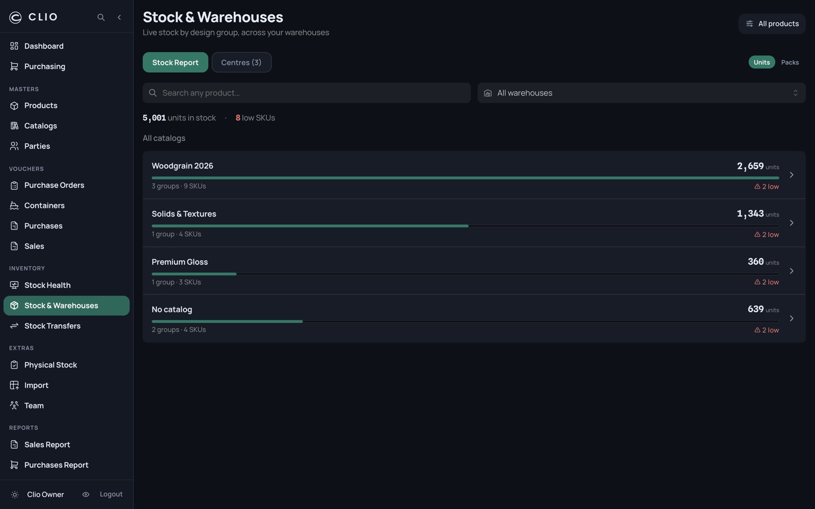 Stock & Warehouses — desktop, dark