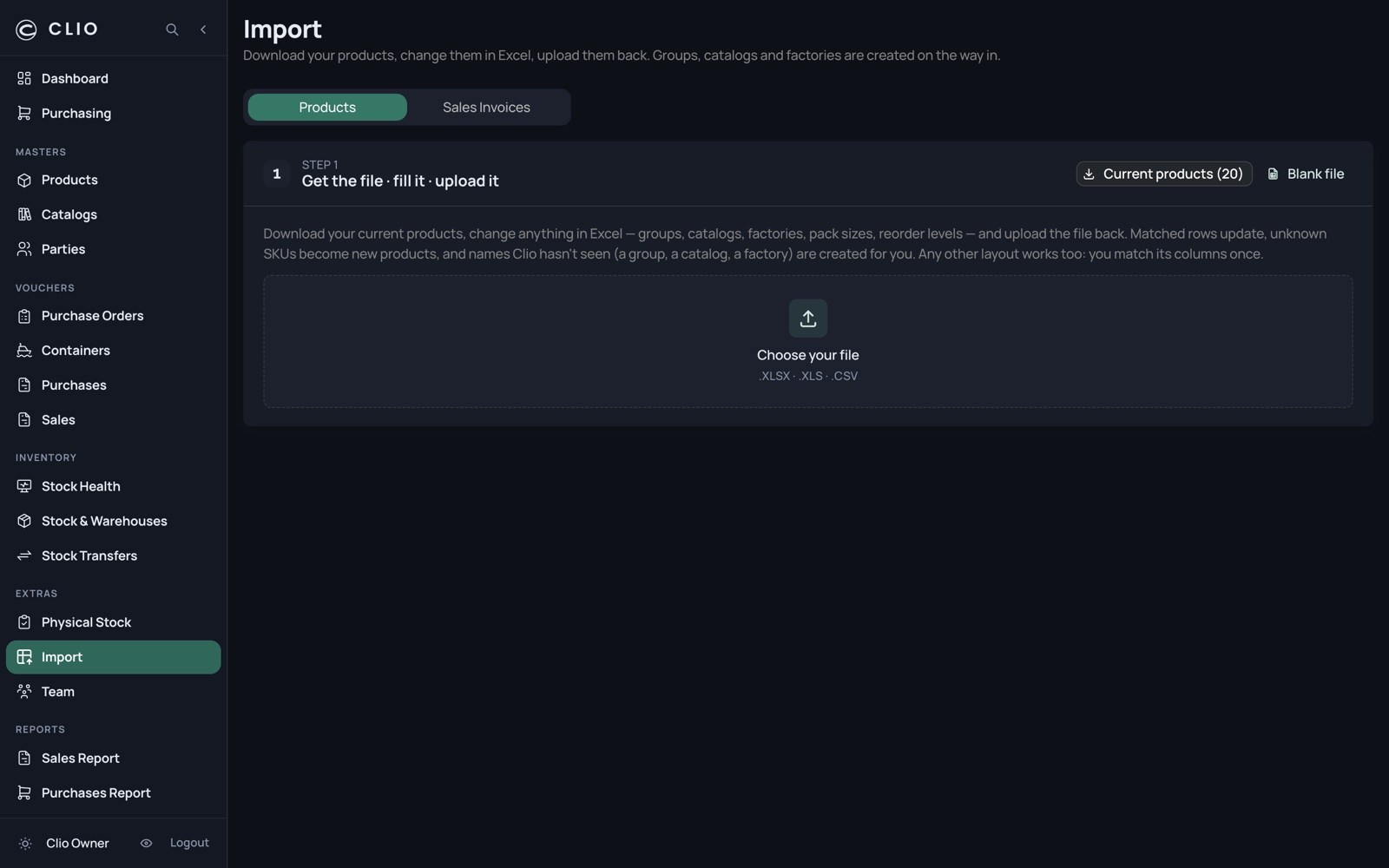 Import — desktop, dark