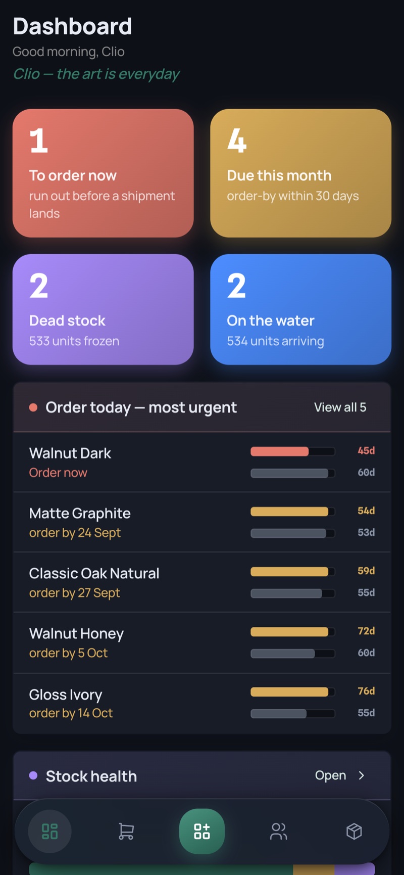 Dashboard — phone, dark