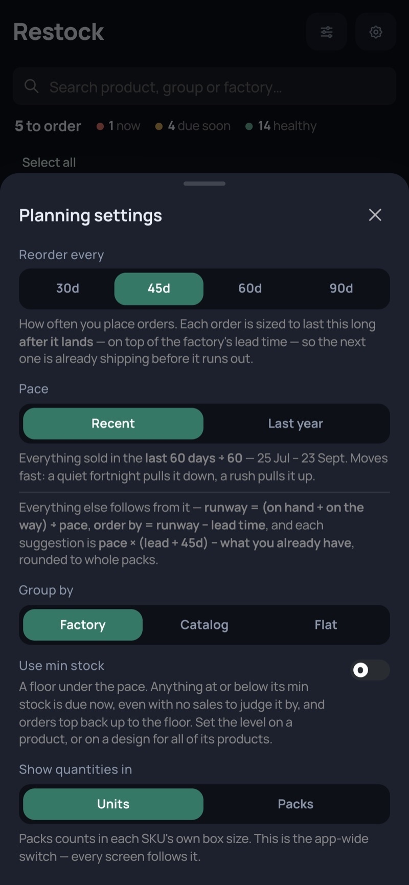 Planning settings — phone, dark