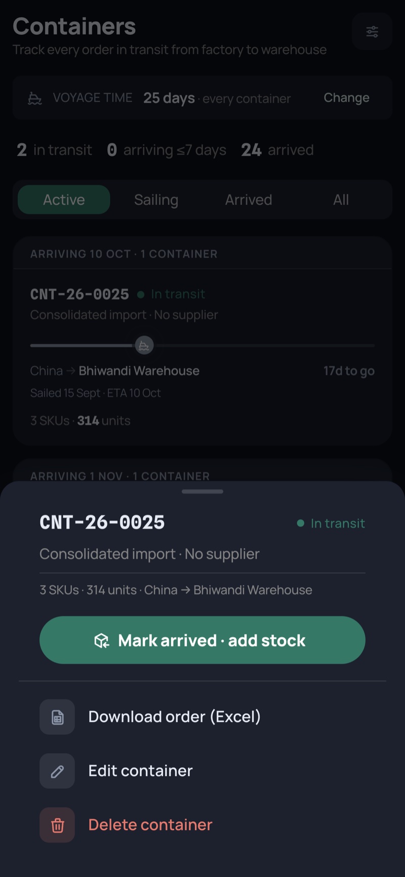 Receiving a container — phone, dark