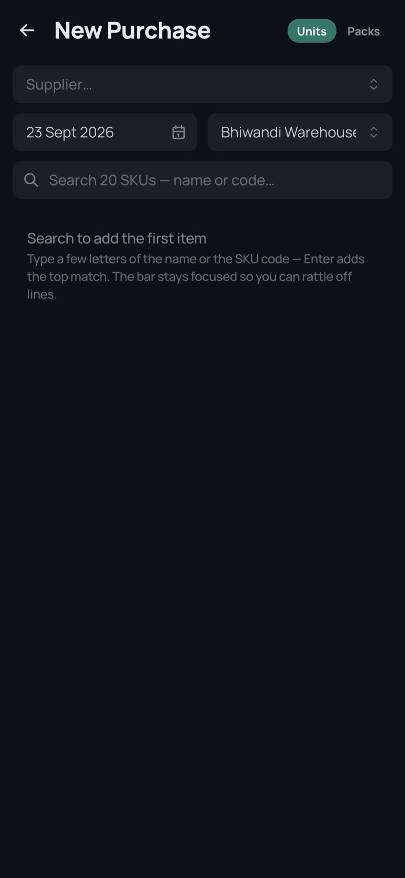 Entering a purchase — phone, dark