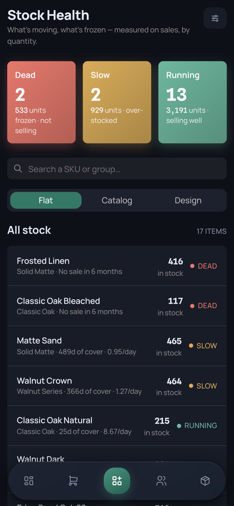 Stock Health — phone, dark