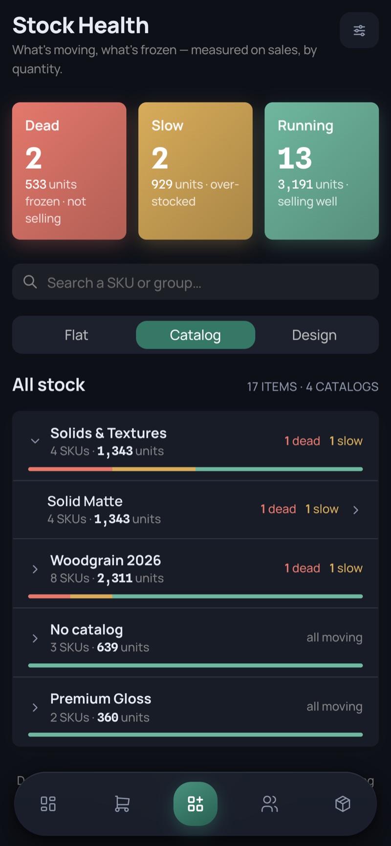 Health by catalog — phone, dark
