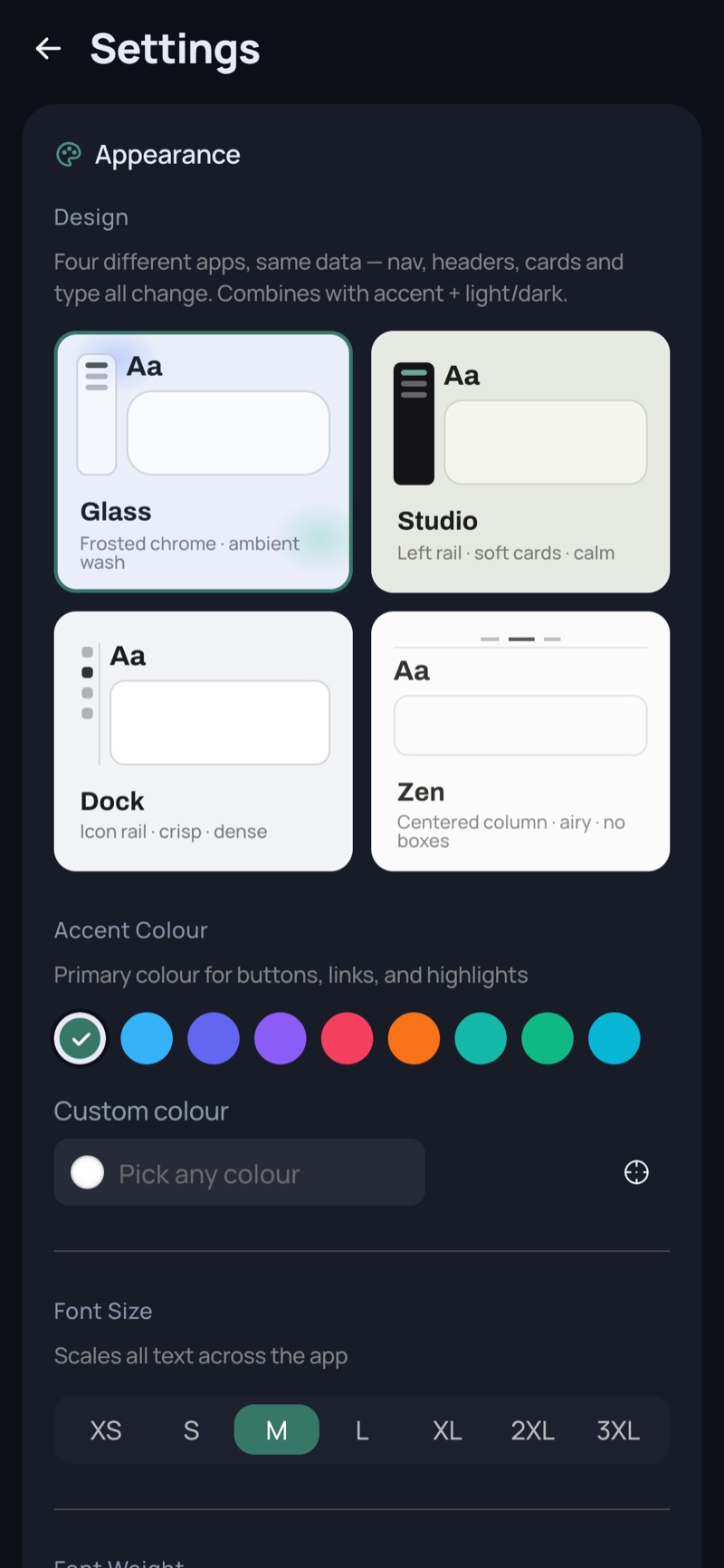 Settings — phone, dark