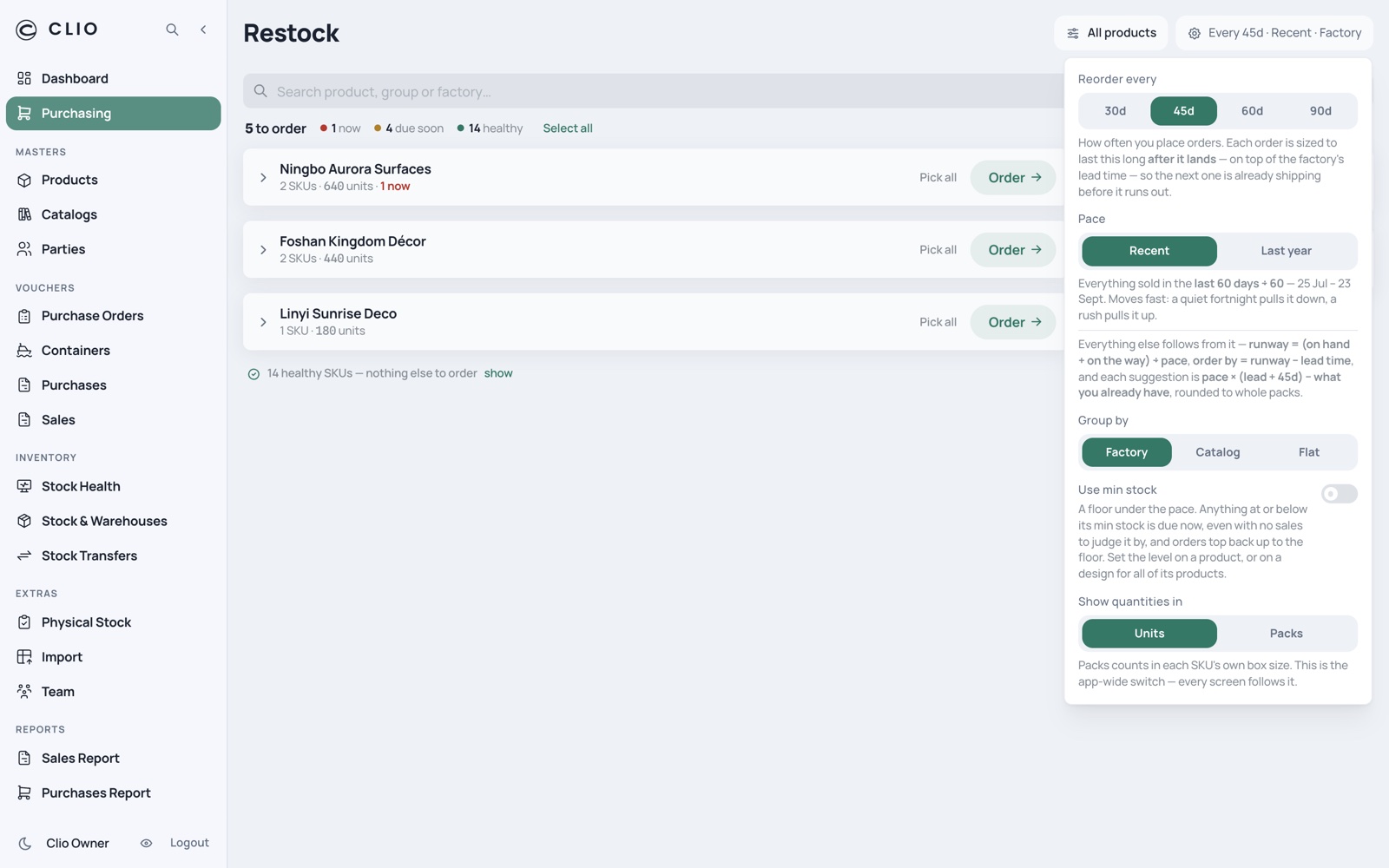 Planning settings — desktop, light