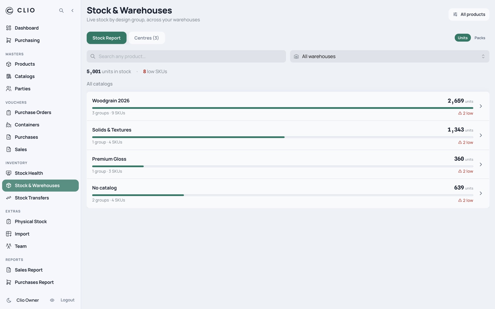 Stock & Warehouses — desktop, light