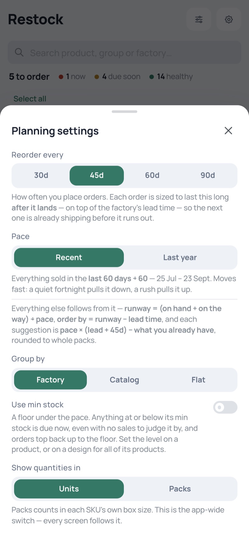 Planning settings — phone, light
